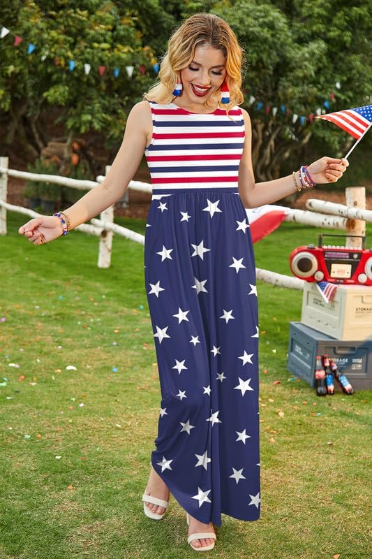 For G and PL Womens July 4th High Waisted Patriotic Loose Sleeveless Tank Maxi Dress with Pockets Stripe & Star L - Image 5