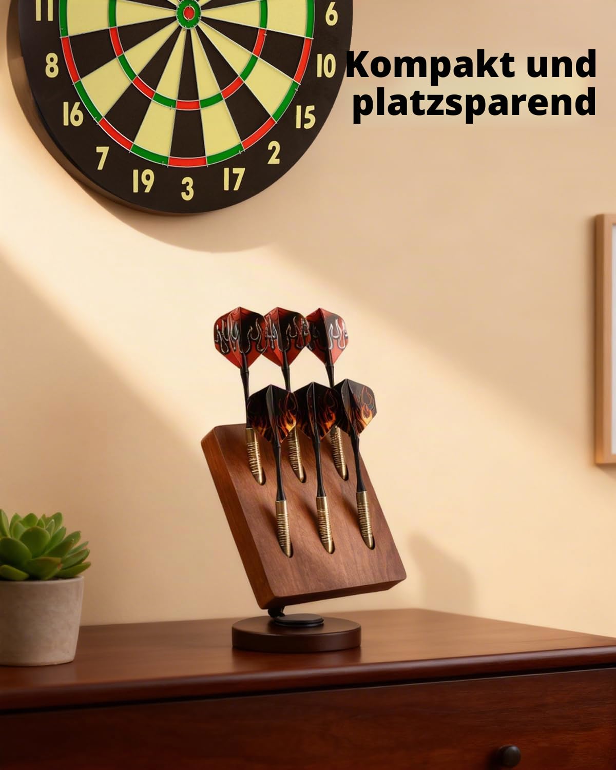 Drehbarer Darthalter aus Holz – Desktop-Aufbewahrungsständer für 6 Dartpfeile aus Stahl und weicher Spitze, Organizer-Tasche mit rutschfester Basis für Spielzimmer, Bar, Büro (braun)