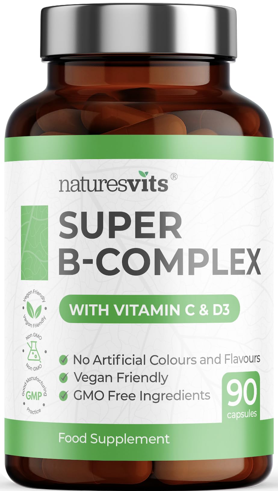 High Strength Vitamin B Complex, 90 Capsules - Contains Vitamin C and D, Folic Acid, Biotin, Thiamine, Riboflavin, Niacin, Pantothenic Acid and More - Supplements for Fatigue