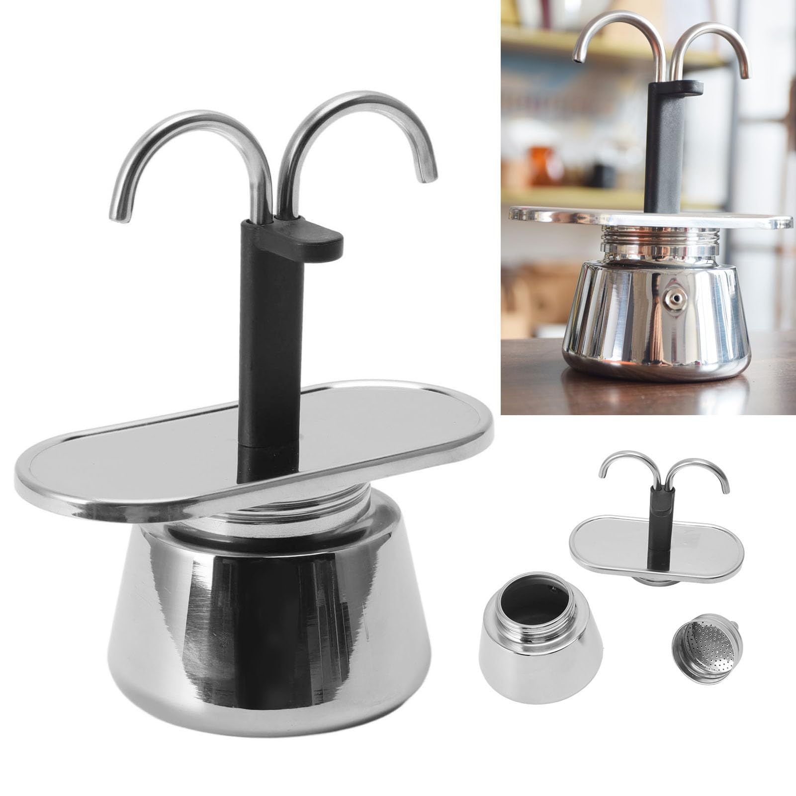 SEAFRONT Cafetera Moka de Doble Cabezal, Cafetera de Acero Inoxidable, Minicafetera de 2 Tazas para café de Conducto Italiano DIY, Juego Mini 100ML Express Moka con Cafetera DIY