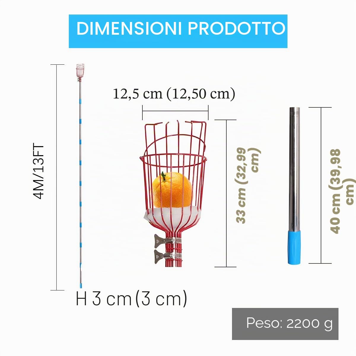 Raccogli Frutta Telescopico Raccoglifrutta con Testa a Cestello Asta di Estensione da 4 m, Raccogli Frutta Regolabile in Altezza con Palo Leggero Acciaio inox e Borsa per il Trasporto Della Frutta