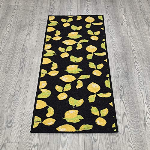 Machine Washable Lemons Design Non-Slip Rubberback 2X5 Kitchen Runner Rug For Kitchen, Hallway, Living Room, Bar, 20" X 59", Black #TOP1