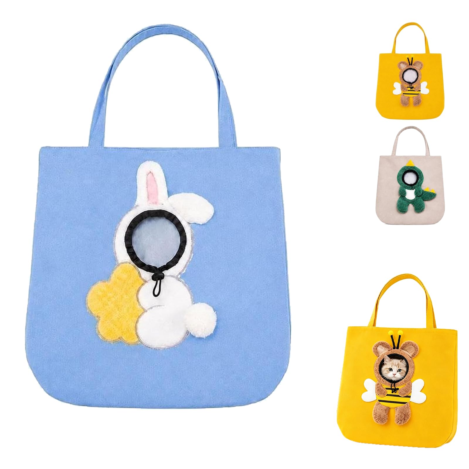 Pet Canvas Shoulder Bag, Breathable Cat Carrier Tote with Head-Out Design, Animal Shaped Portable Dog Carrying Handbag for Small Cats & Dogs – Bee, Bunny, Dinosaur，Bunny, L