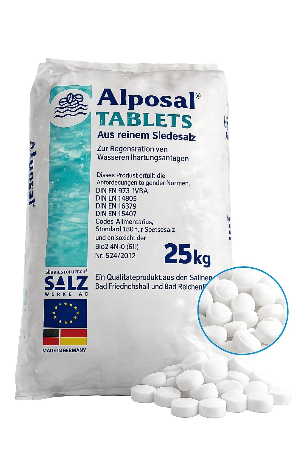 ALPOSAL Tabletten Regeneriersalz 25 kg – Hochreines Siedesalz für Wasserenthärtungsanlagen – Salztabletten für Ionenaustauscher & Salzelektrolyseanlagen – DIN EN 973 Typ A