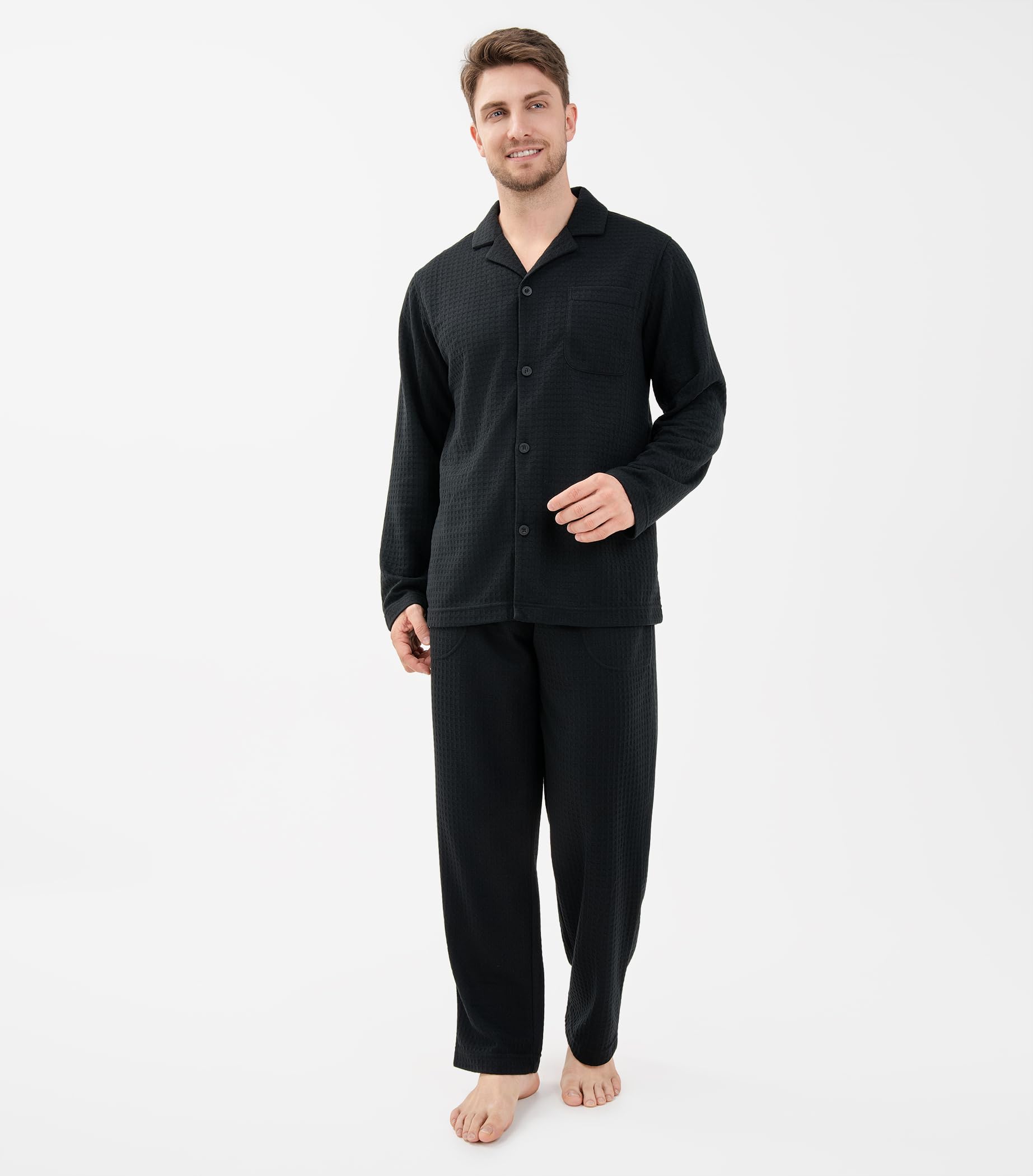 DAVID ARCHY Conjunto de pijama de algodón suave con cuello con muescas para hombre, manga larga, con bolsillos y bragueta frontal, Negro - Tejido de poliéster gofre (sin bragueta), Medium