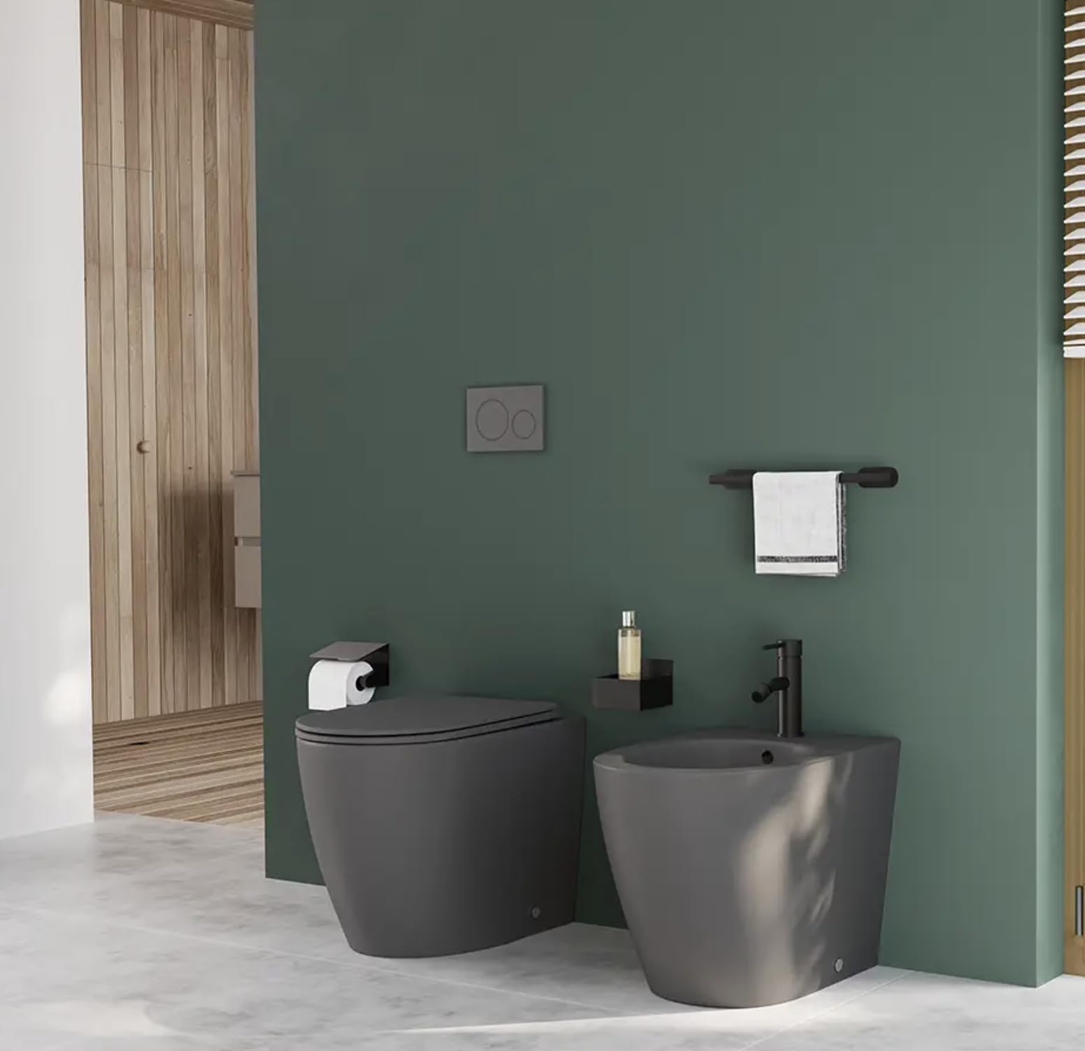 Coppia di sanitari filomuro ceramica grigio opaco vaso rimless copriwc soft-close e bidet ASIA SMALL