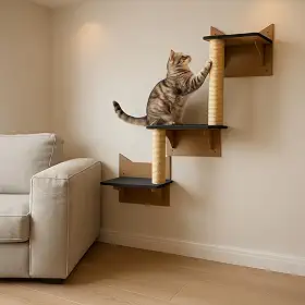 BOXFAN Conjunto Escalador Gato de Parede com Prateleiras Antiderrapante Poleiros Escada para Gatos Filhotes e Adultos Brinquedo Interativo Arranhador Sisal Playground Gatos Escalada Escadinha