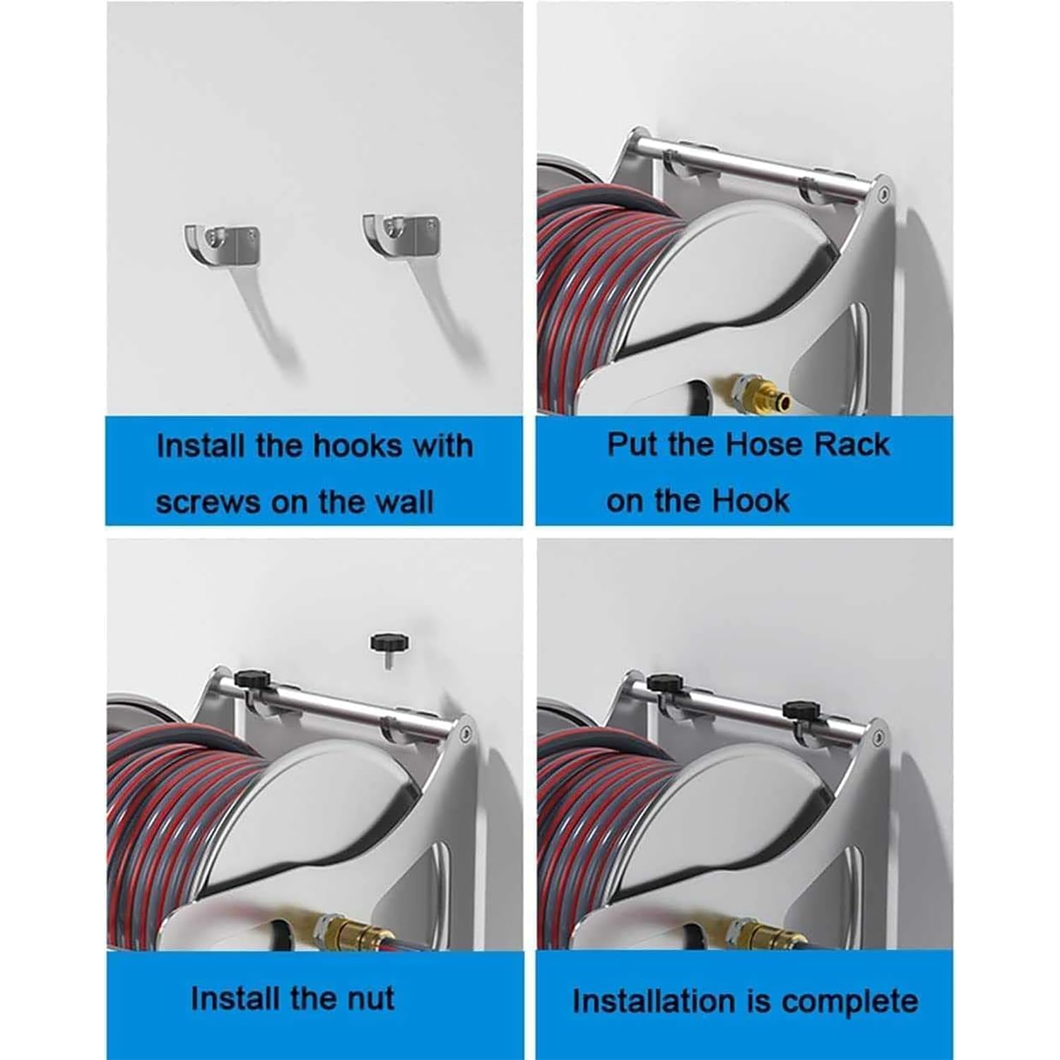 Avvolgitubo in metallo resistente, kit di supporto per tubo flessibile in acciaio inossidabile con telaio del tubo dell'acqua e tubi dell'acqua da 2 metri, interruttore a sette velocità e tenuta forte