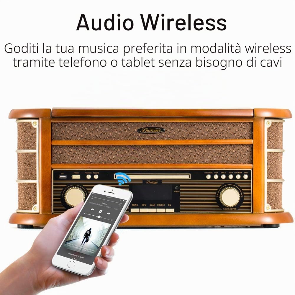 Shuman Vintage Centro Musicale Wireless 9-in-1 con Telecomando, Radio DAB Digitale/FM, Giradischi a 3 Velocità, Lettore CD/Cassetta, Riproduzione/Registrazione USB, Uscita RCA (MC-250DBT)