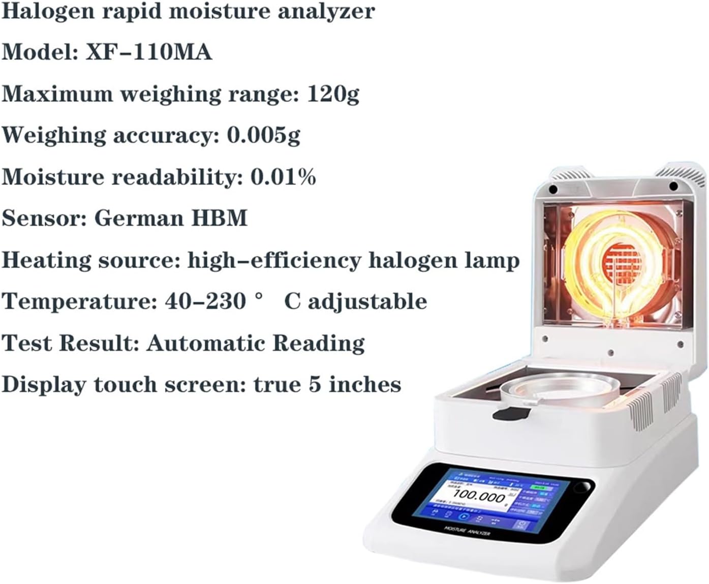 Moisture Analyzer Balance Meter 0.001g Readability Touch Screen Laboratory 120gx0.001grams(XF-110MA 120g0.005g)