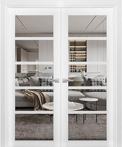 Puertas dobles francesas de interior sólido de 64 x 96 pulgadas, seda blanca Quadro 4522 con vidrio transparente, bordes de marco de panel sólido de