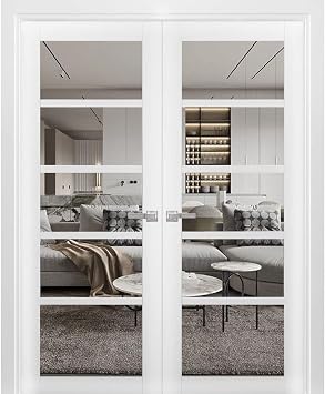 SARTODOORS Quadro 4522 | Double Swing Interior French Doors with Glass, MDF, Hardware Included, 60x96, White, Modern