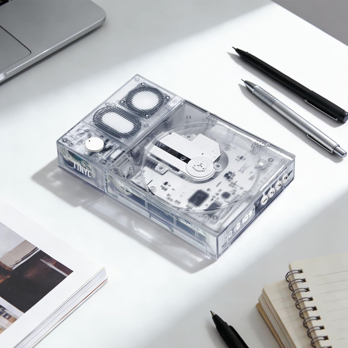 [Tinyl Split] Lettore CD 3 in 1 completamente nuovo e aggiornato, altoparlante Bluetooth rimovibile e lettore CD, portatile, ricaricabile, per la casa come regalo (bianco trasparente)
