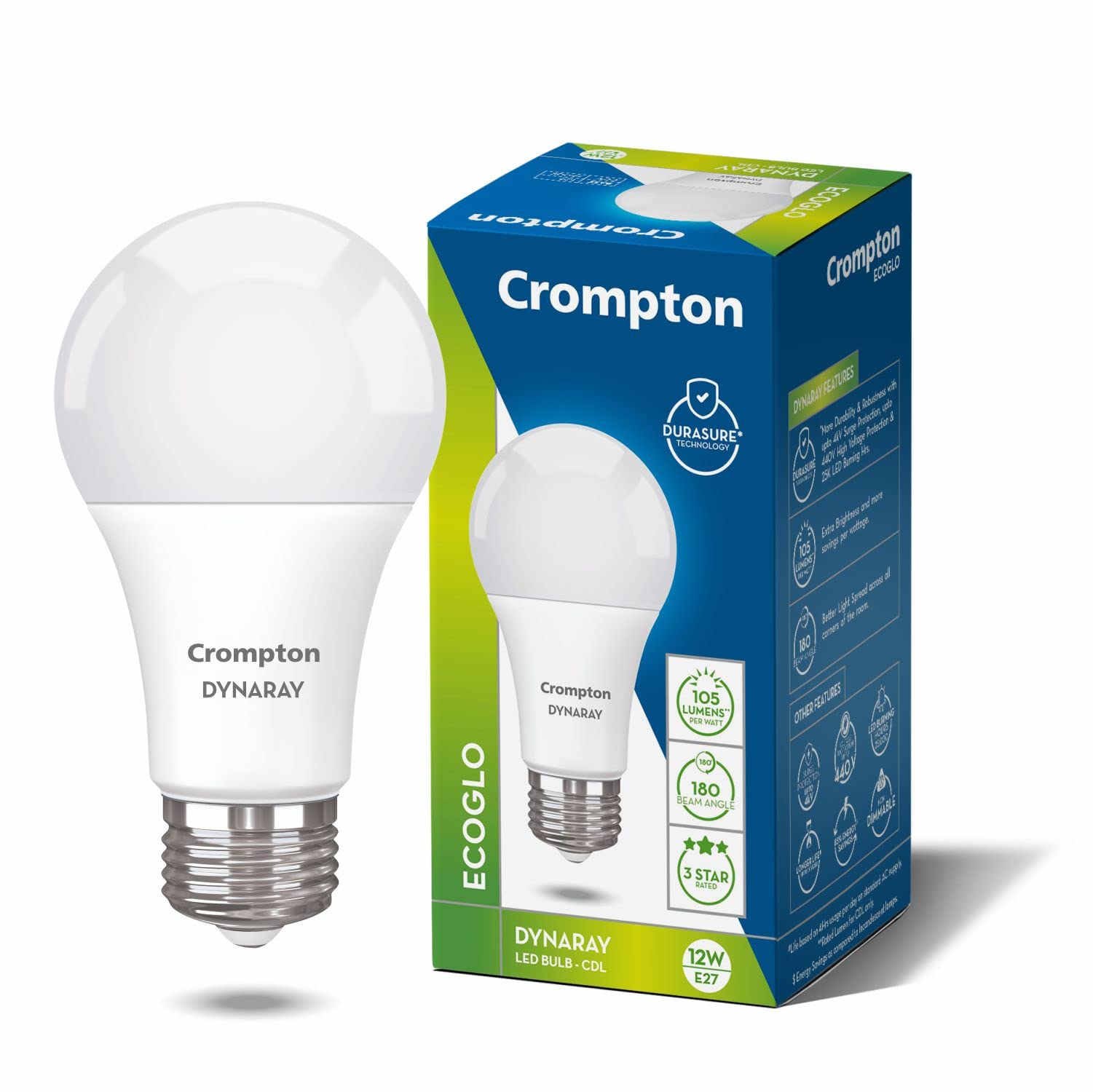 Crompton Dyna Ray LED Bulb | 12W | Cool Day Light | E27 Base | 180 Degree Coverage | 4kV Surge Protection | 440V High Voltage Protection | Pack of 1