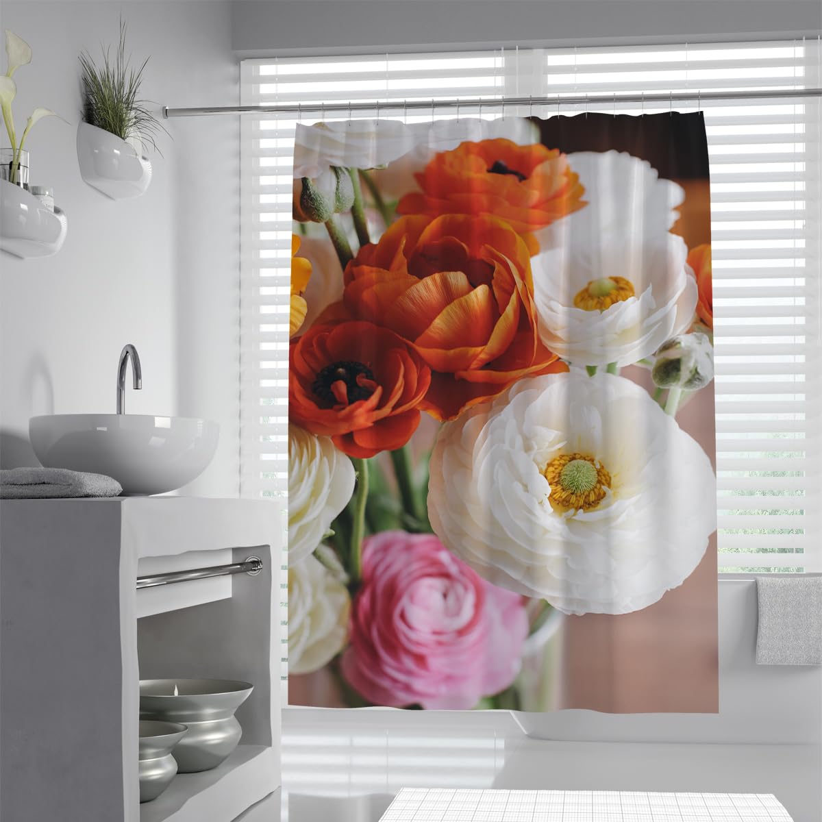 UIRINGART Mixed Ranunculus Bath Curtain W180xL180cm Colorful Peony Floral Bouquet Blossom Waterproof Anti Mould Bathtub Screen with Hooks