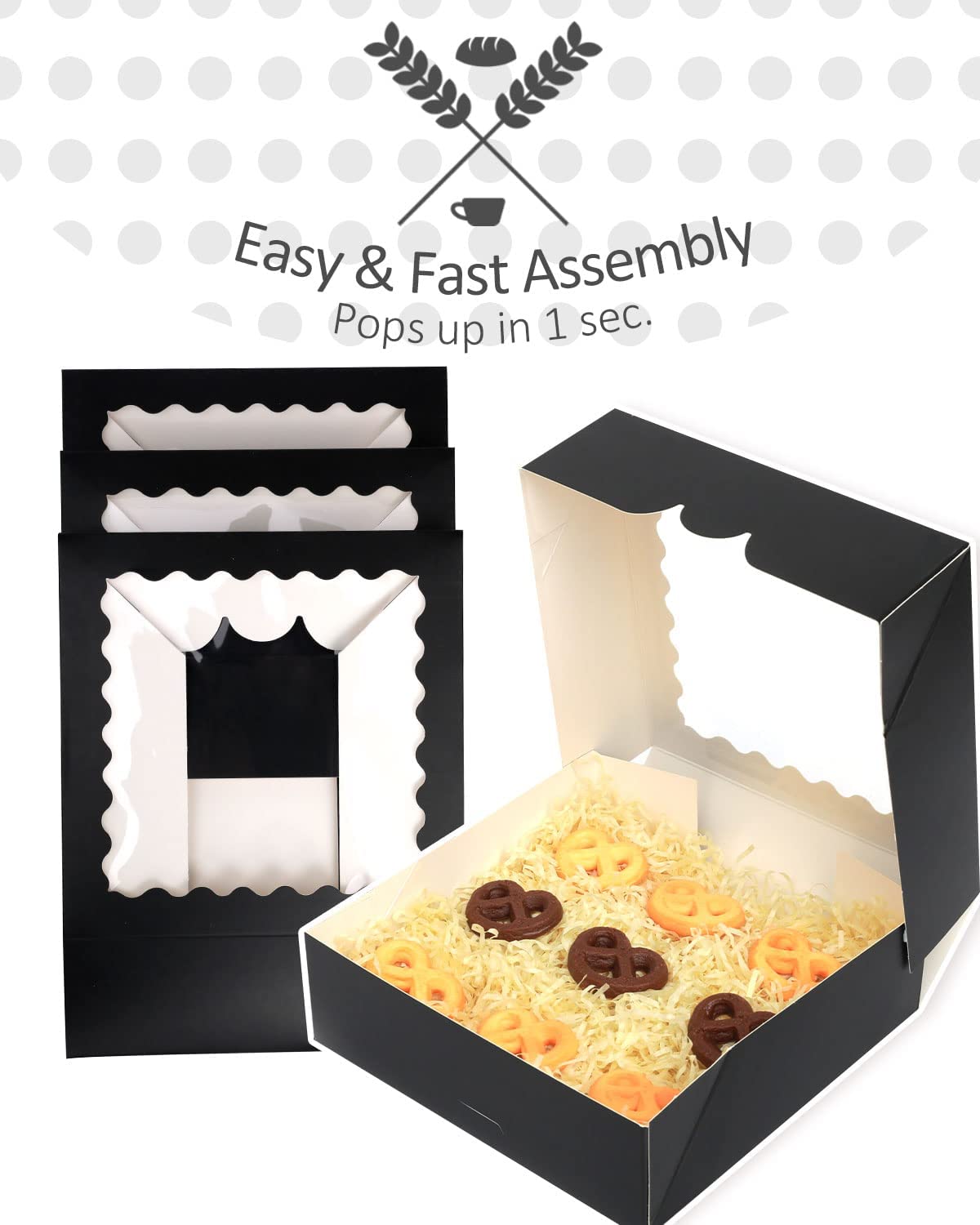 qiqee Cajas de pastelería con ventana de 9 x 9 x 2.5 pulgadas, 30 unidades, color negro