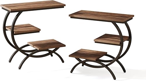 Miniatura 9 de Tribesigns Juego de 2 mesas auxiliares en forma de C, mesa auxiliar industrial de 3 niveles para sofá, mesita de noche de madera con estantes de