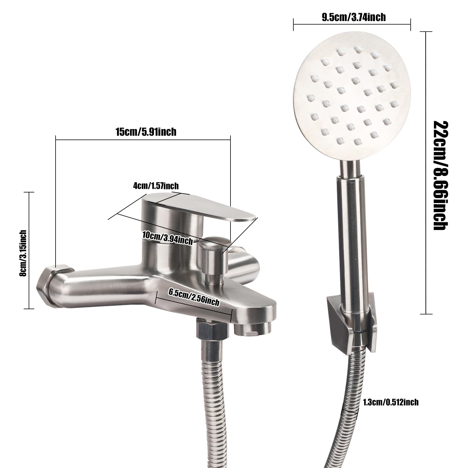 Rubinetto Vasca da Bagno con Doccetta, Miscelatore Vasca da Bagno in Acciaio Inox, Rubinetto Doccia da Muro Monocomando, Miscelatore Doccia Esterno, per Bagni, Vasche, Argenteo