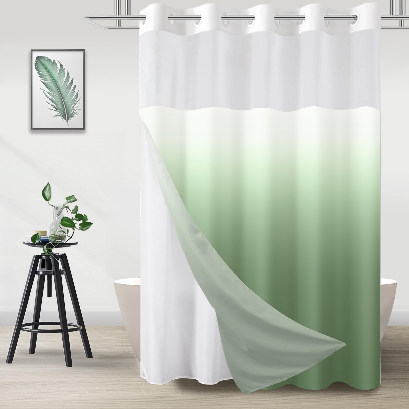 TWLSNCD No Hook Shower Curtain with Snap in Liner, Ombre Green Shower Curtains and Liner Set, Hotel Fabric Bath Curtain for Bathroom, Mesh Top Window