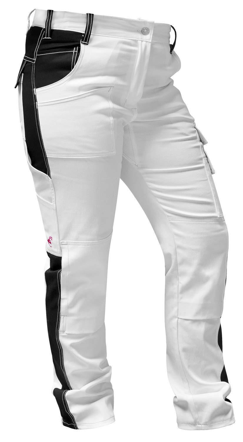 strongAnt® - Pantalon de Peintre élastique, Pantalon de Travail Femme Blanc, Poches pour genouillères, Fermeture éclair et Bouton métallique - Blanc-Noir Couture Blanche 36