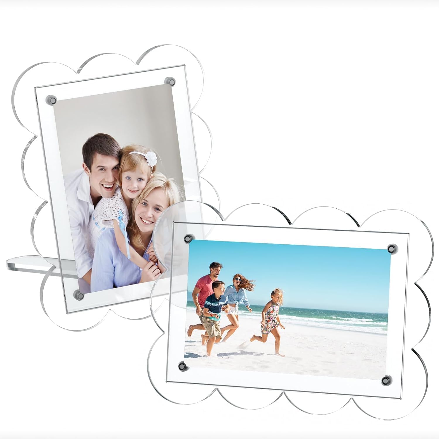 PICASSO SIGNAGE Acrylic Picture Frame 1 Pack | Magnetic Clear Photo Frames with Stand | Scalloped Lucite Plexiglass Floating Frames for Desktop Vertical or Horizontal Display (4x6 Only frames)