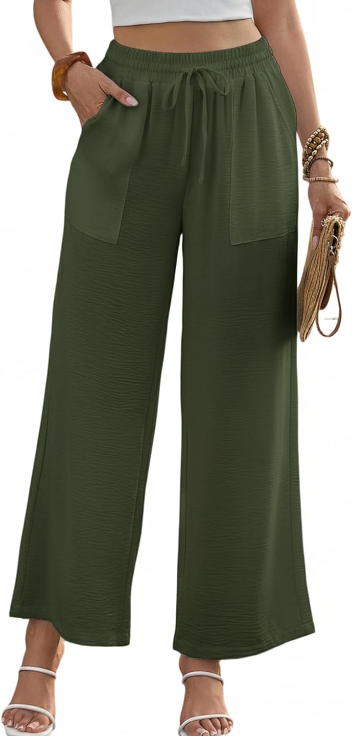 Womens Wide Leg Palazzo Pants Flowy Drawstring Trousers Pocket