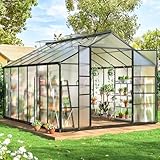 WKM 10x12 FT Polycarbonate Greenhouse, Enhanced Aluminum Frame Greenhouses for Outdoors Withstands Strong Wind or Snow with Roof Vent, Walk-in Green Houses for Outside Garden Backyard, Black