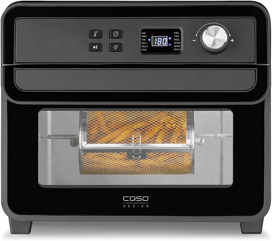 CASO AirFry Chef 1700 with a whole chicken on rotisserie spit