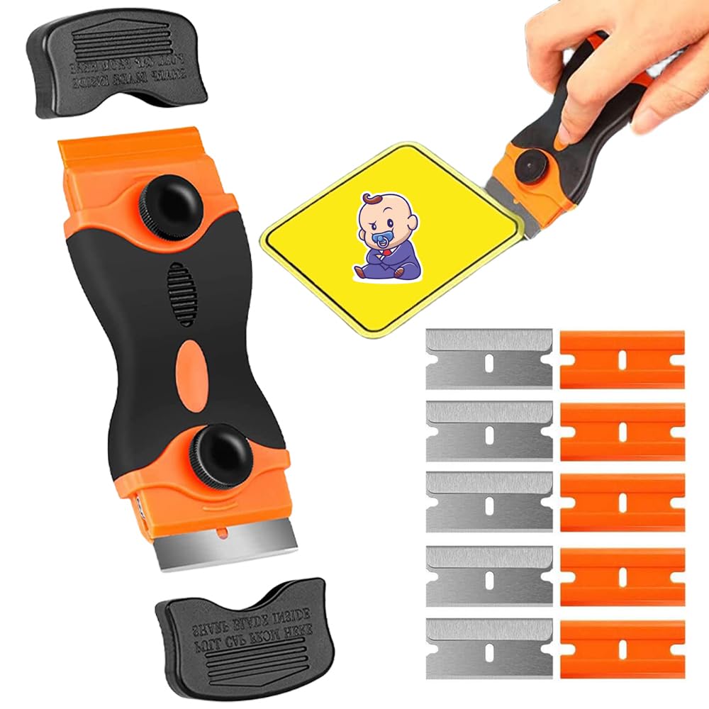 Plastic Scraper Cleaning Tools, Fapiwen Razor Blade Scraper, Double Edged Multipurpose Scraper Remover Tool, Scraper Tool for Removing Paint, Labels, Sticker (Extra 5pcs Metal and 5pcs Plastic Blades)