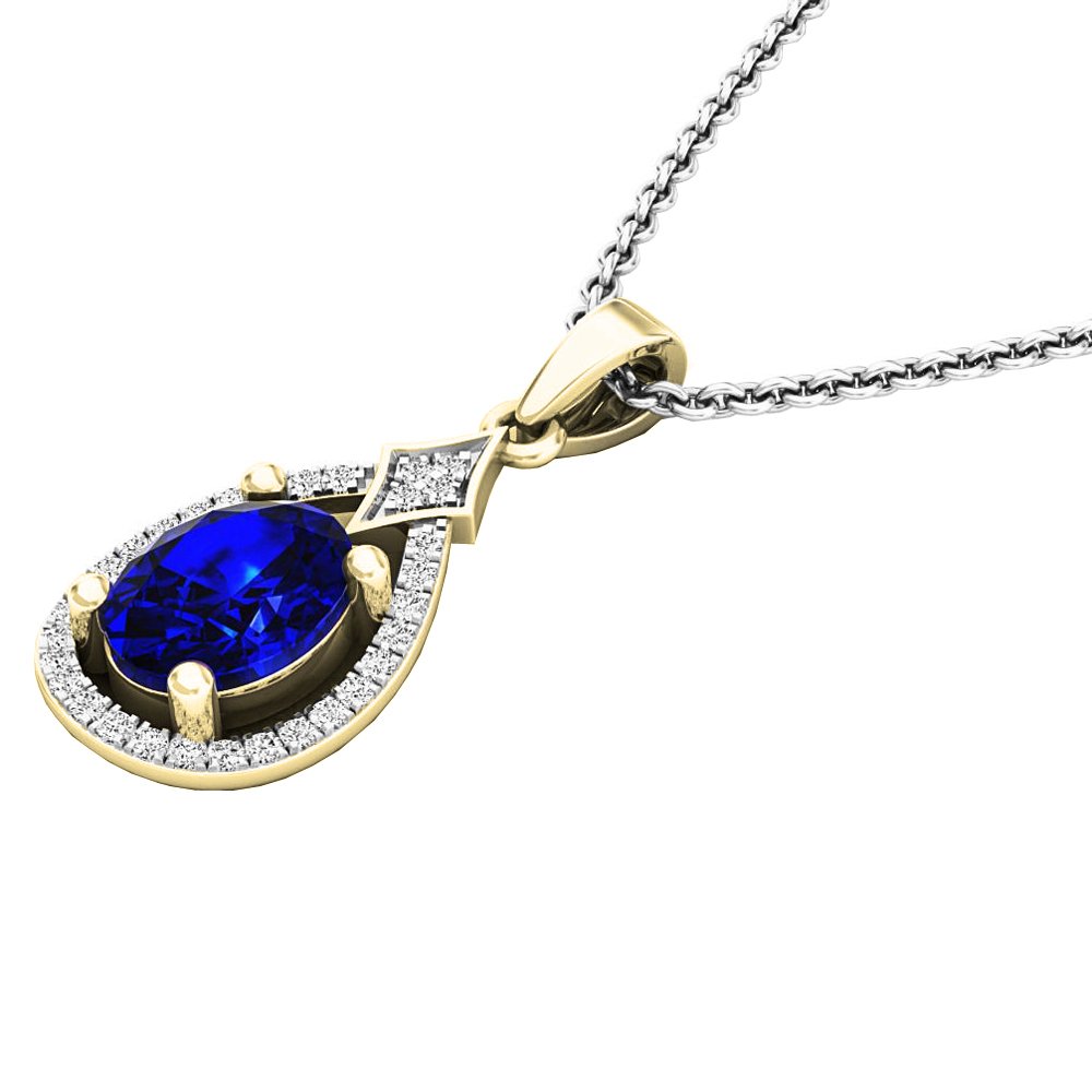14 K oro 8 x 6 mm Oval Azul zafiro y diamante redondo señoras colgante (cadena de plata incluidas)