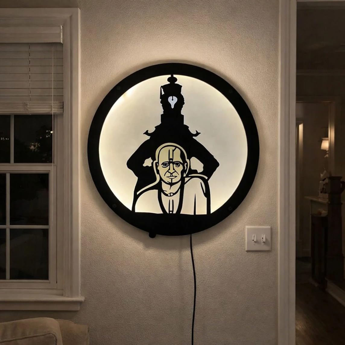 Shree Swami Samartha & Vitthal LED Wall Hanging with 22 Inbuilt Mantras, Black Round Acrylic Wall Art with Warm Light for Home Temple, Spiritual Decor for Living Room & Pooja Room, 30x30 cm-image-14