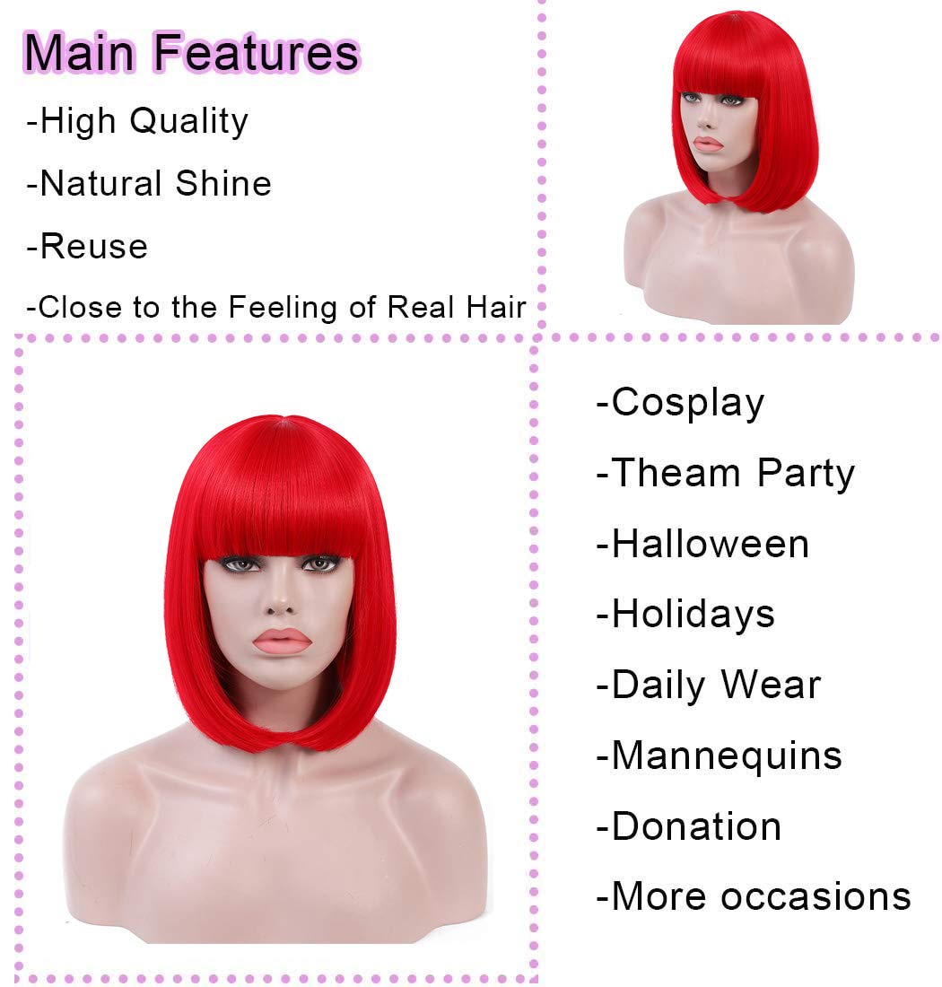Women Red Heat Resistant Synthetic Bob Party Neon Wig Bangs 12 Inch Amazon.com : MIUSKATL Wig and Sunglasses 12 Inch Short Bob  main image 2