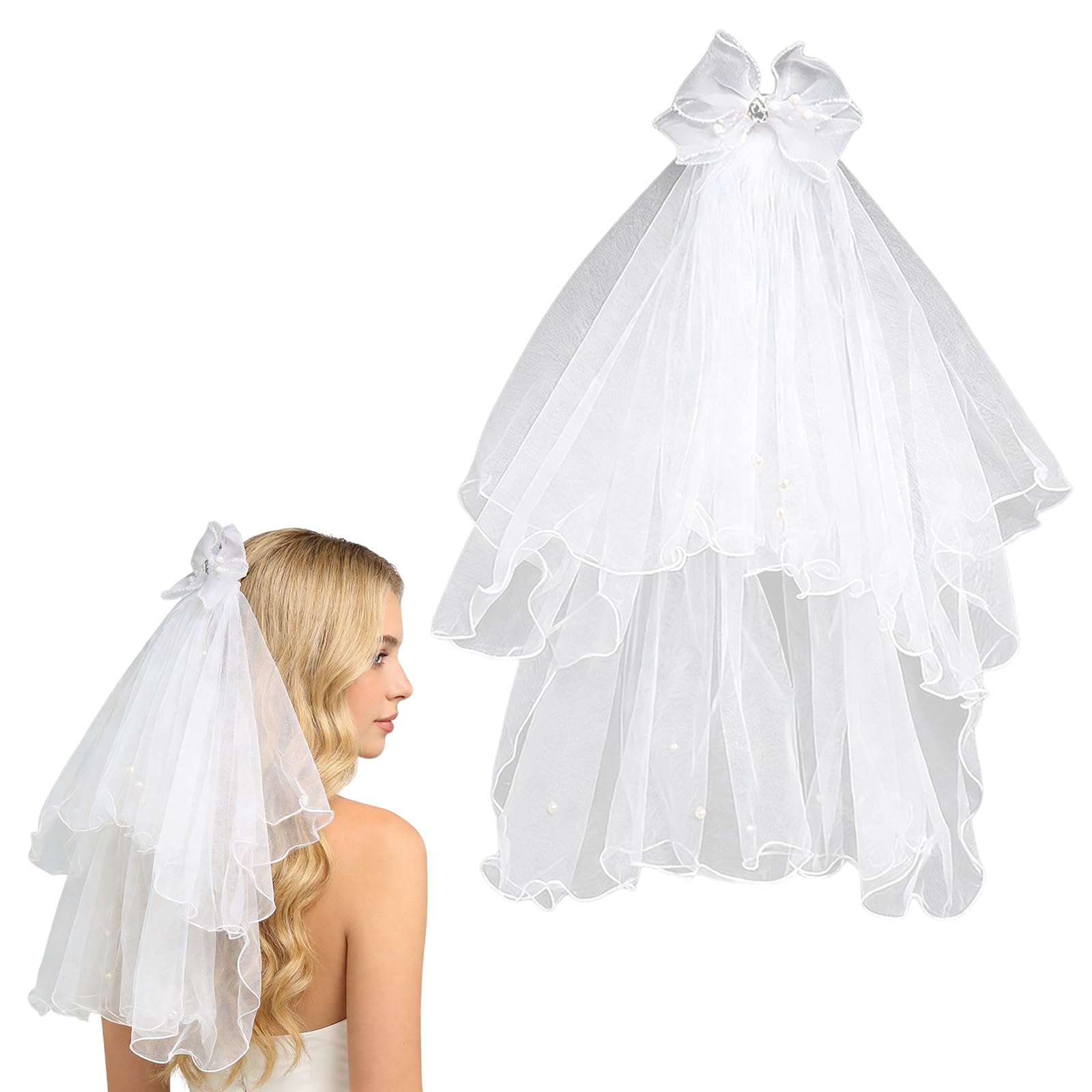 Duzapku Women's White Bridal Veil, Bow Short Bride Veil, Tulle Wedding Party Hair Accessories For & Girls For Brides Shower Bachelorette Hen Do Night Party