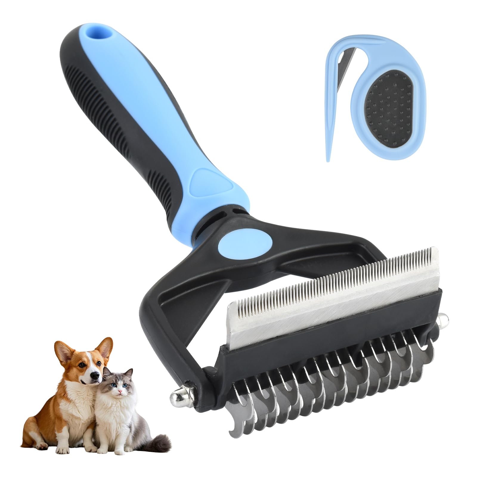 Pawnax ペット用ブラシ 猫 犬 抜け毛取りブラシ ステンレス製 厚い髪結び除去 ノミ取りコーム 犬猫通用 短毛 長毛 種向け 丸洗い可能 皮膚に優しい 毛玉カッター スリッカーブラシ 開結櫛密歯櫛二合一 (両面)