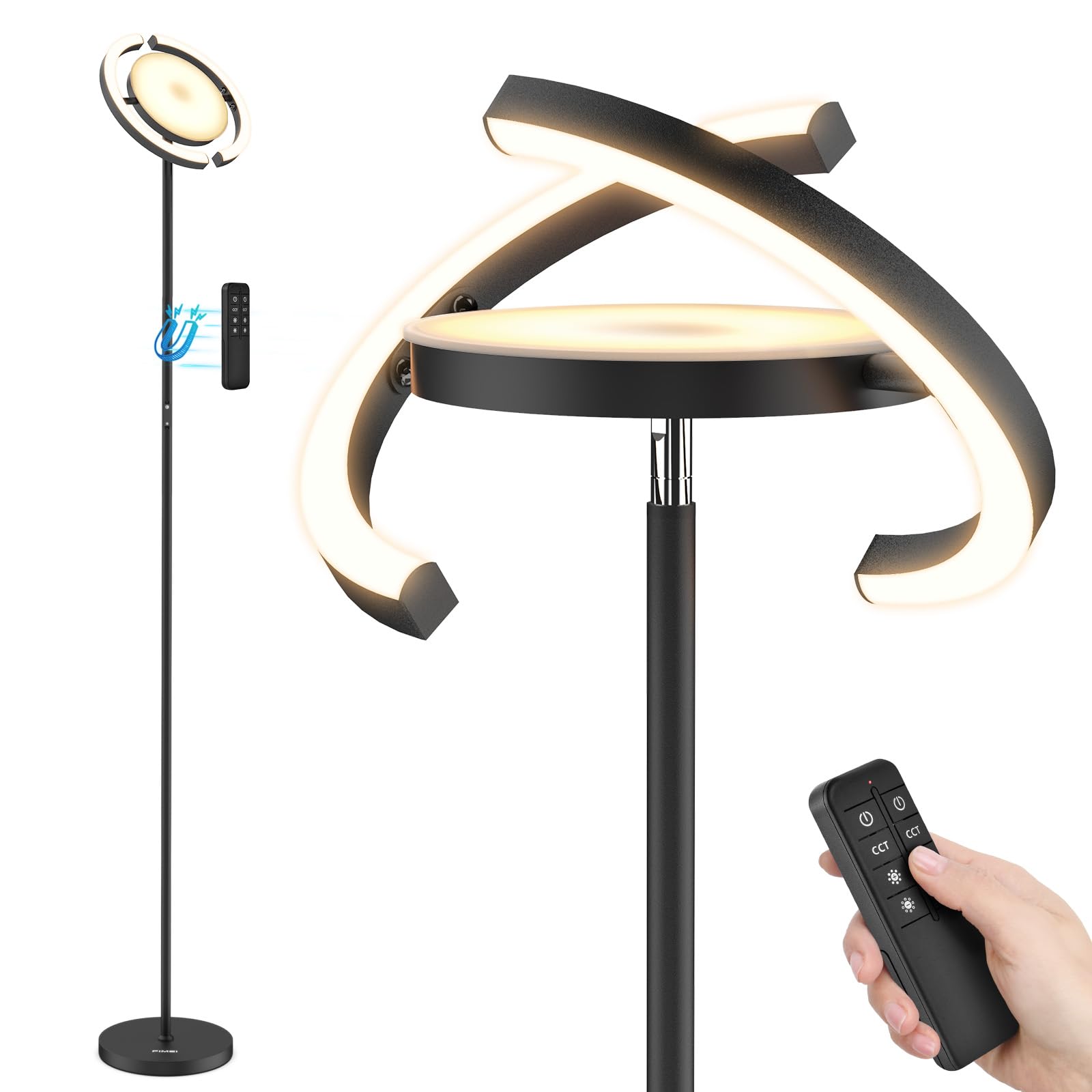 FIMEI Modern Black Metal Saturn Ring LED Floor Lamp, Stepless Dimming and Color Temperature Adjustment, Rotatable Lamp Head, Independent Control of Upwards Round Light and Outer Ring Light
