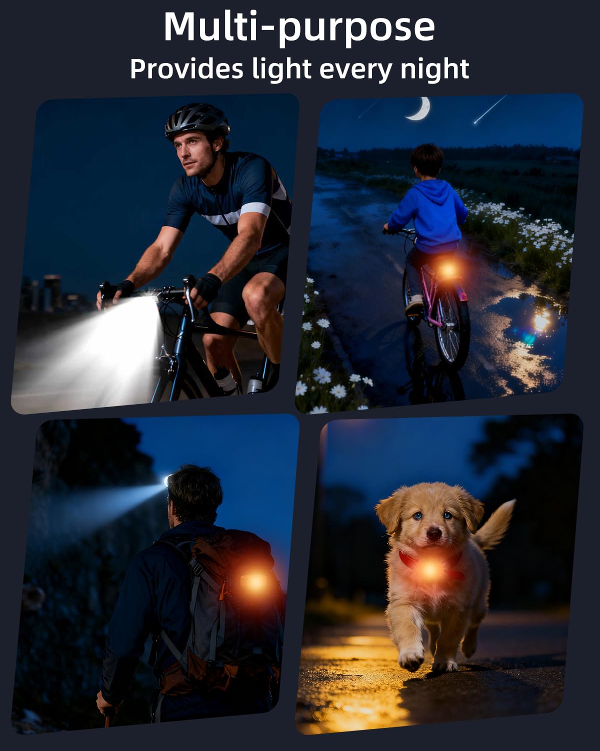Kit di luci a LED per bicicletta, set di 2 fari e 2 fanali posteriori, luci ricaricabili impermeabili IPX4, 5 modalità anteriori/7 modalità, luci notturne posteriori per la sicurezza, per bambini