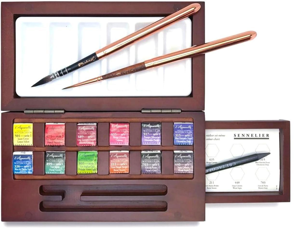 Sennelier Coffret 12 ½ godets Aquarelle extra-fine, en noyer + 2 pinceaux et 1 carte