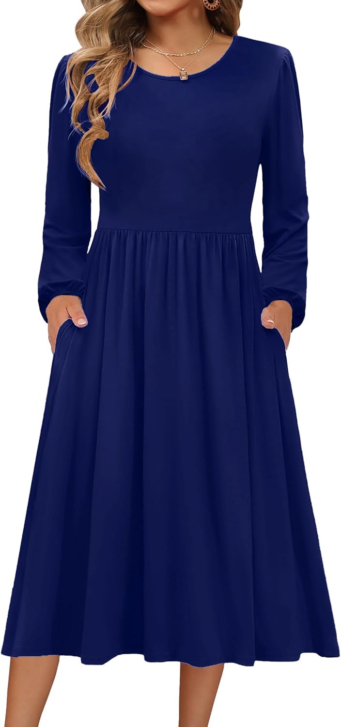Zeagoo Long Sleeve Dresses for Women 2025 Fall Winter Casual Flowy A-Line Boho Midi Party Long Dress with Pockets