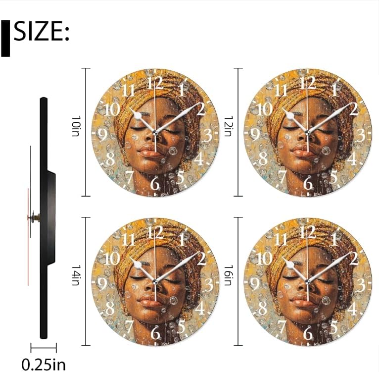Battery Operated Round Wall Clock Non-Ticking Silent Analog Clcok Decorative for Living Room,Office,Kitchen-African Woman with Bubbles Lovely 1(16inch)