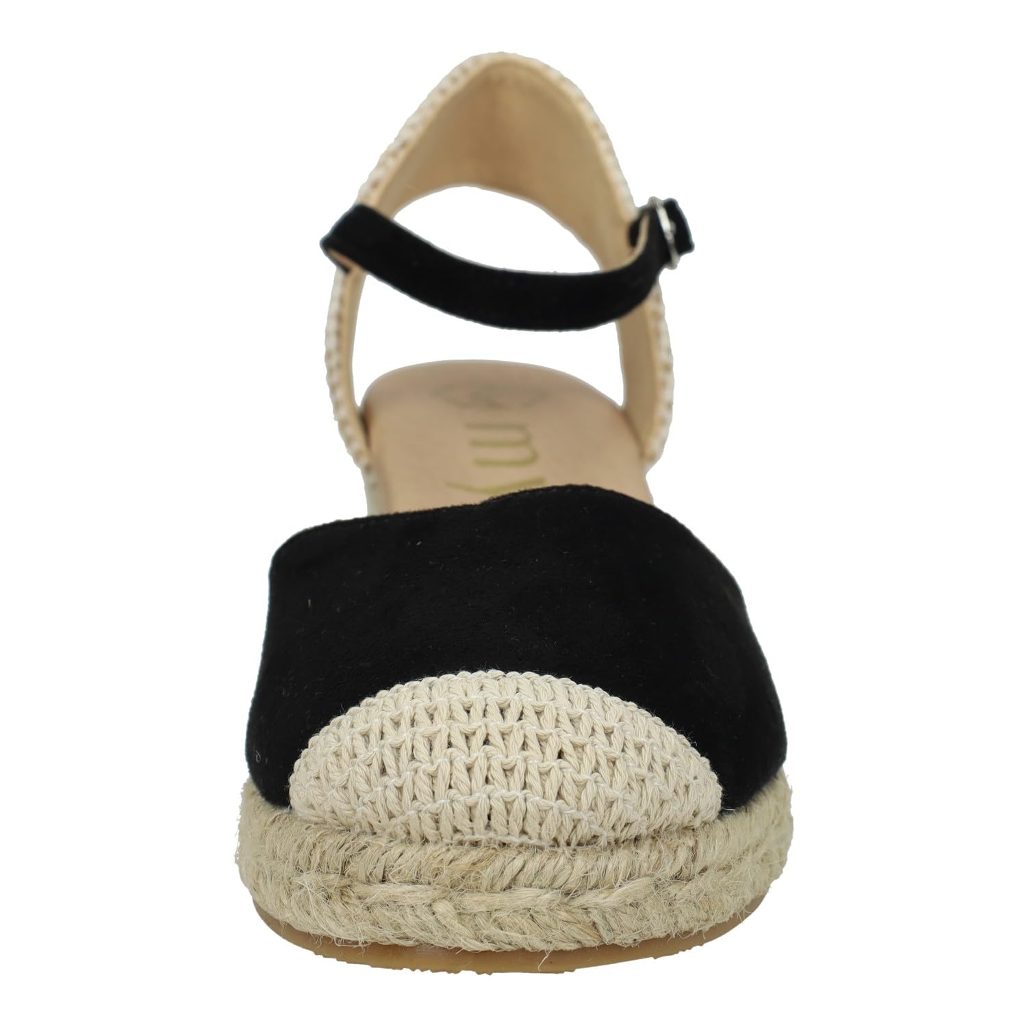 25M102 Esparteñas de Mujer en Color Negro, con Plantilla de Gel. Alpargatas con cuña de 4.5cm, Cierre de Hebilla, Calzado Vegano ecofriendly Mujer Alpargatas