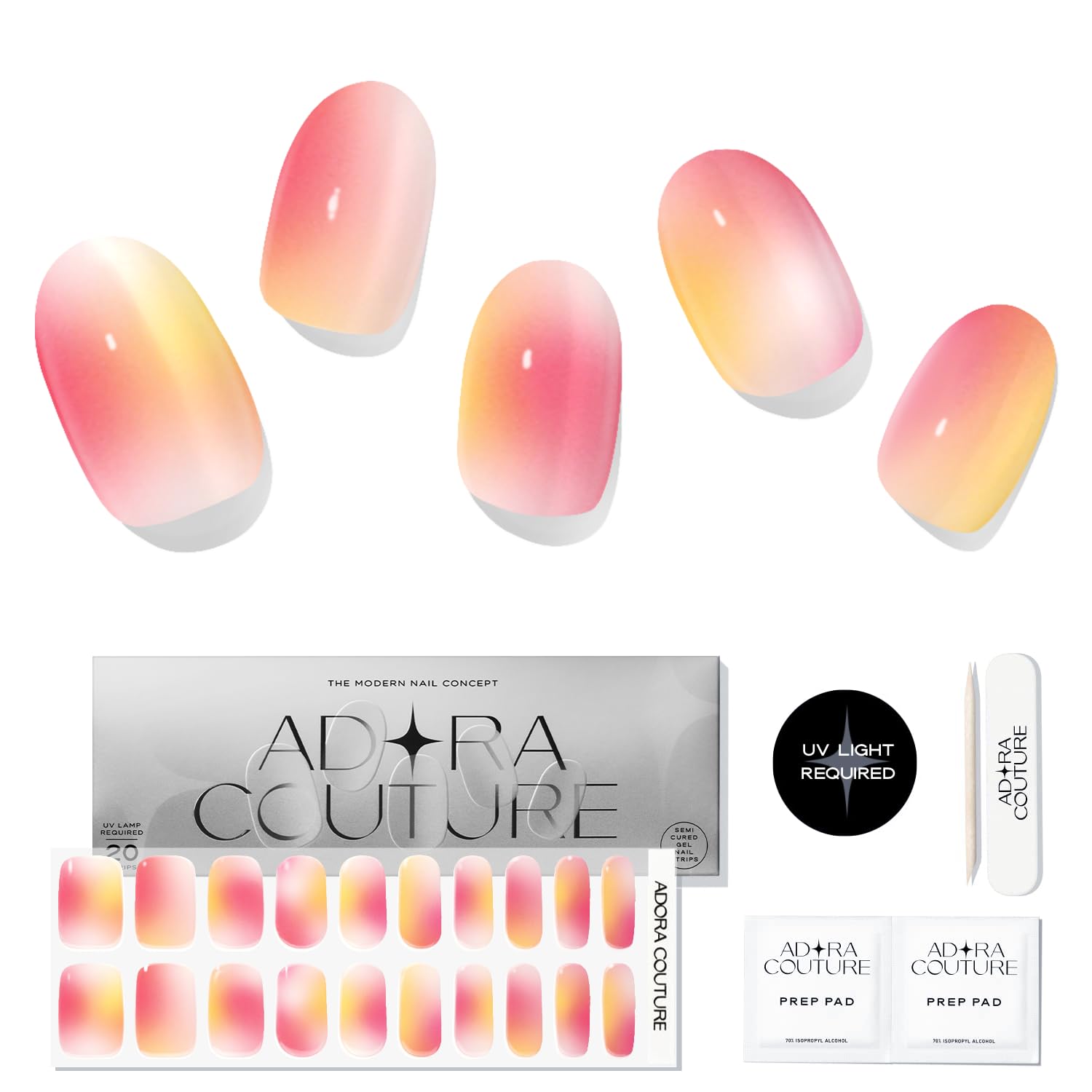 Adora Couture Semi Cured Gel Nail Strips with 20 Pieces - UV Gel Stickers, Manicure Kit, Easy Application Wraps Includes Prep Pads, Nail File, Wooden