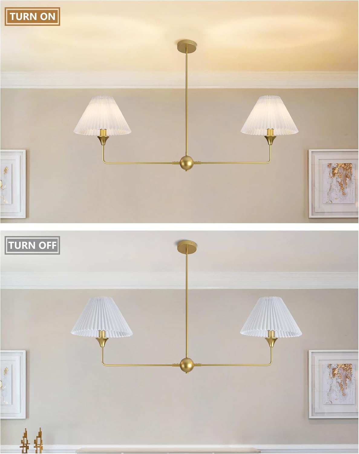 Modern Linear Chandelier for Dining Room 48” Farmhouse Linear Pendant Light Fixture with White Fabric Shade for Kitchen Island Living Room Gold