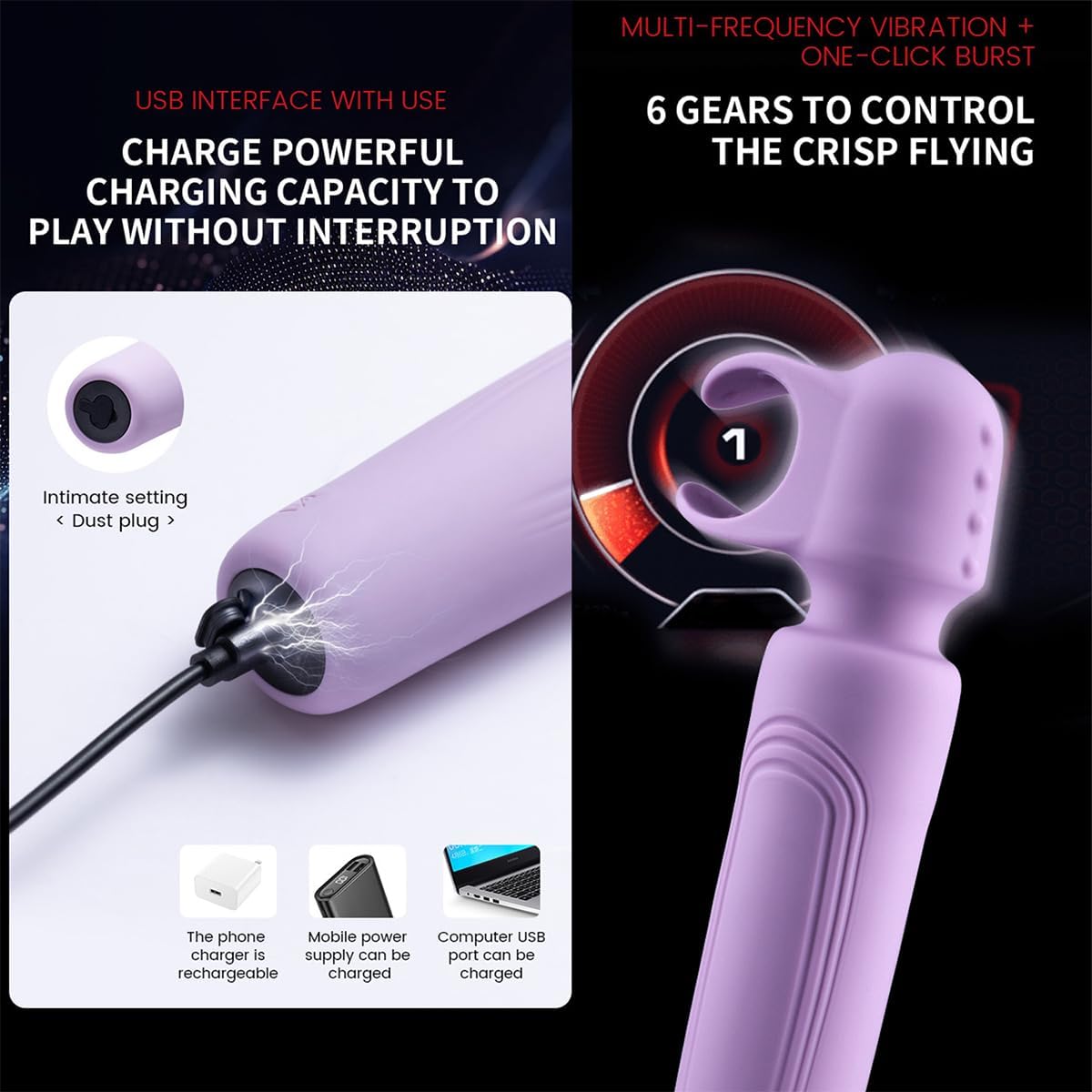 6-Mode Penis Vibrator Wand, Flexible Massage Tool for Male Stimulation, Clitoral and Anal Vibrator for Couples (Purple)