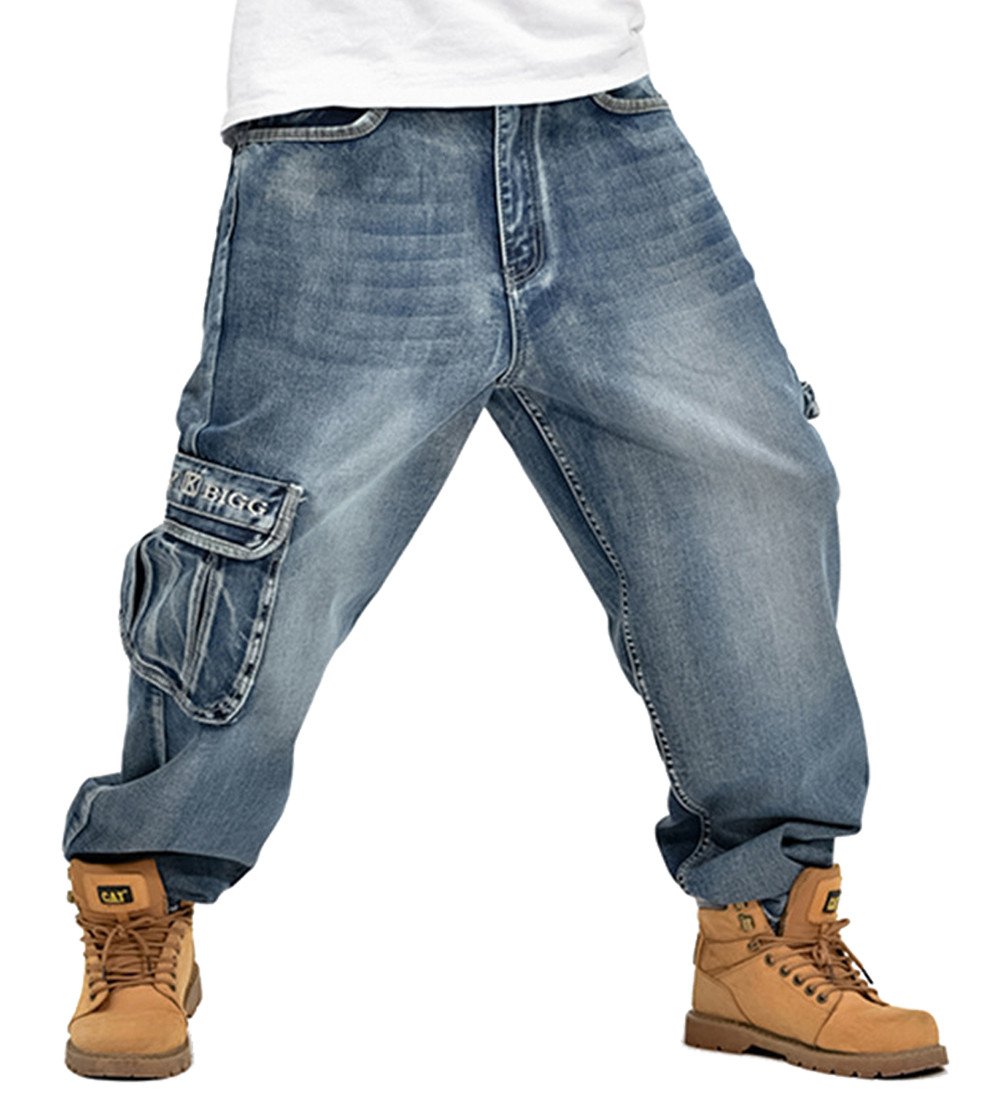QIBOEMen's Hip Hop Light Denim Cargo Long Vintage Jeans