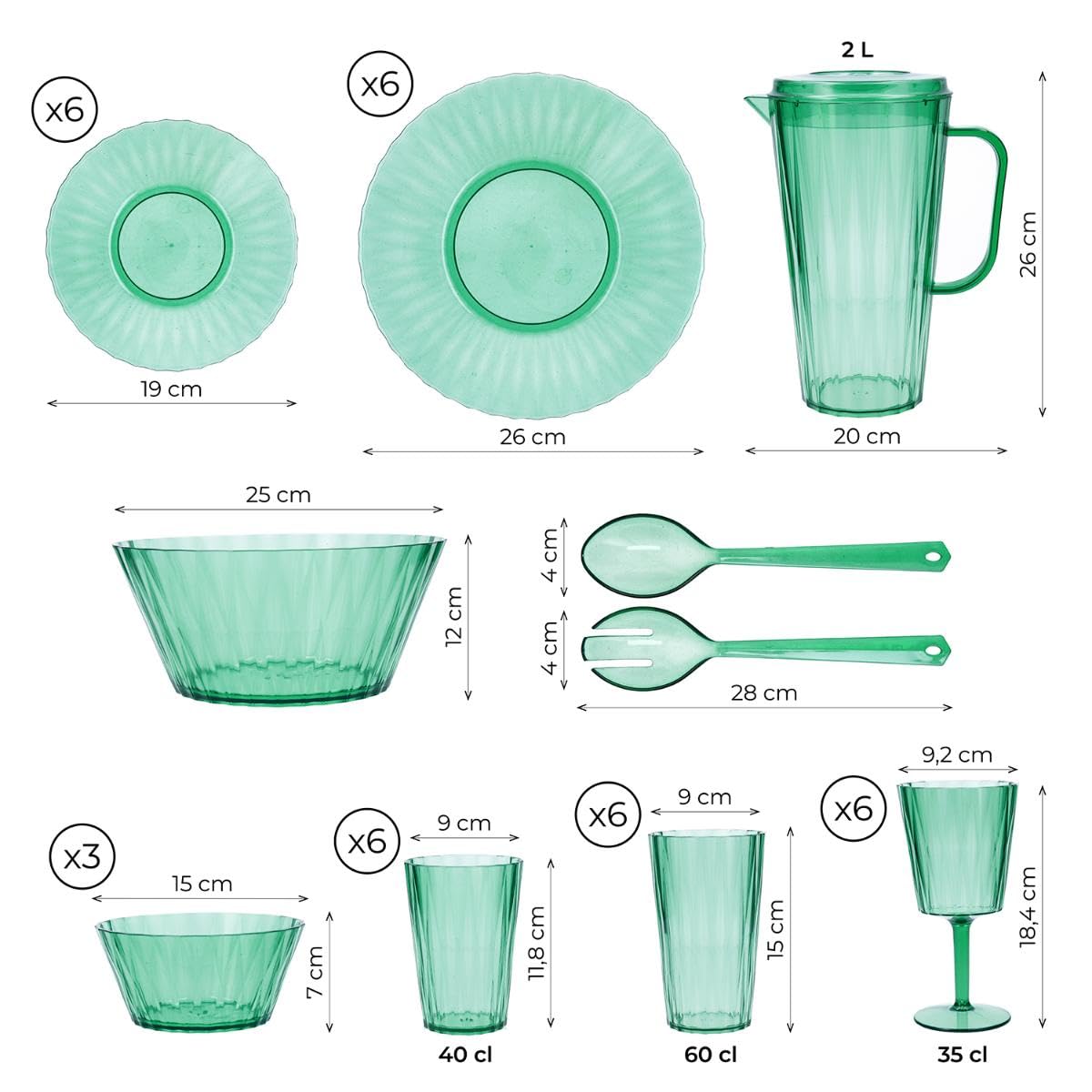 Quid Vajilla de Ps – Poliestireno Iris 36 piezas para 6 personas | Verde, diseño otras formas, acabado con relieve, apta para microondas y frigorífico
