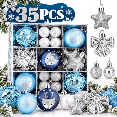 35 Piece Christmas Tree Ornaments Set Decorative Balls with Stars Bows and Reindeer Designs for Holiday Decor Blue White and Silver - image 1