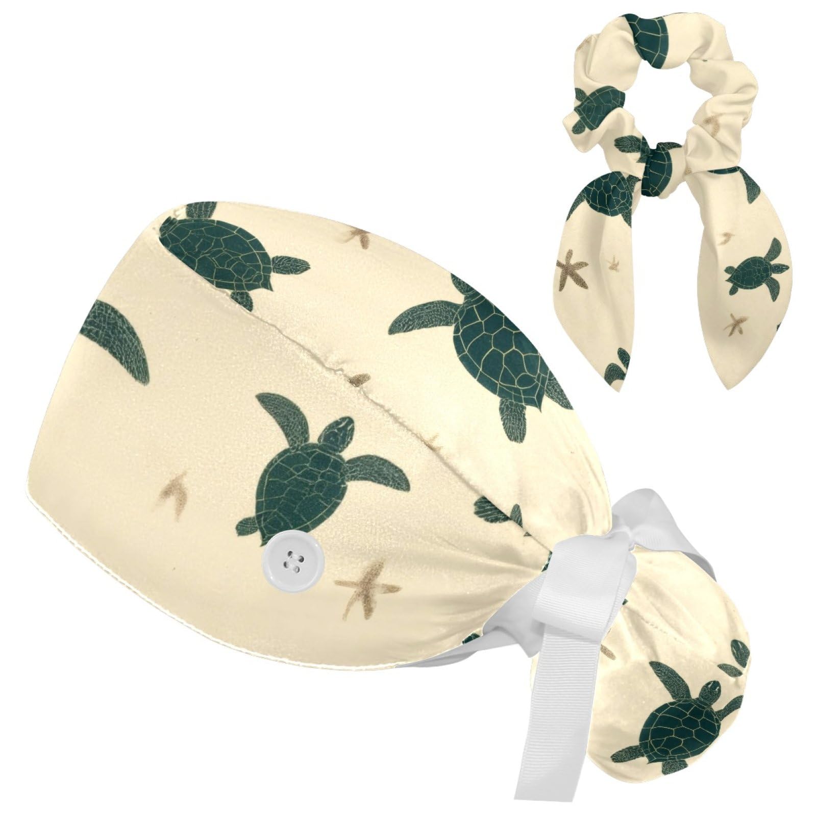 Women's Bouffant Scrub Caps Blue Line Sunflower Working Cap Nurse Hat Surgical Cap with Button and Sweatband