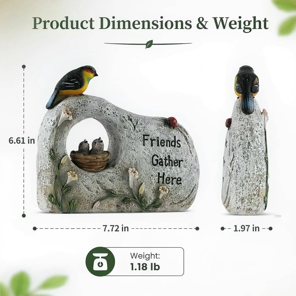 Bird Garden Statue Resin Outdoor Garden Decor with Nest, Flowers and Ladybug, Faux Stone Garden Ornament with Sentiment Accent for Patio Lawn Yard Porch or Indoor Entryway