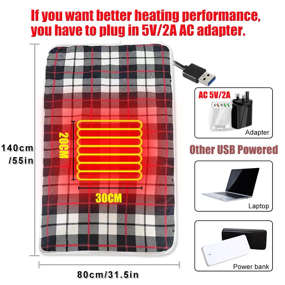 Couverture chauffante électrique USB à carreaux en polaire avec fermeture à pression,Poncho confortable pour la maison, le bureau, les voyages, 3 réglages de température et minuterie (140x80 cm)