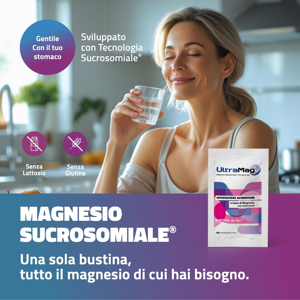 UltraMag®, Integratore di Magnesio Sucrosomiale® 375 mg, Alto assorbimento, Alta tollerabilità, Riduce stress e affaticamento, Stanchezza fisica e mentale, Senza glutine, 20 +20 bustine, Pharmanutra